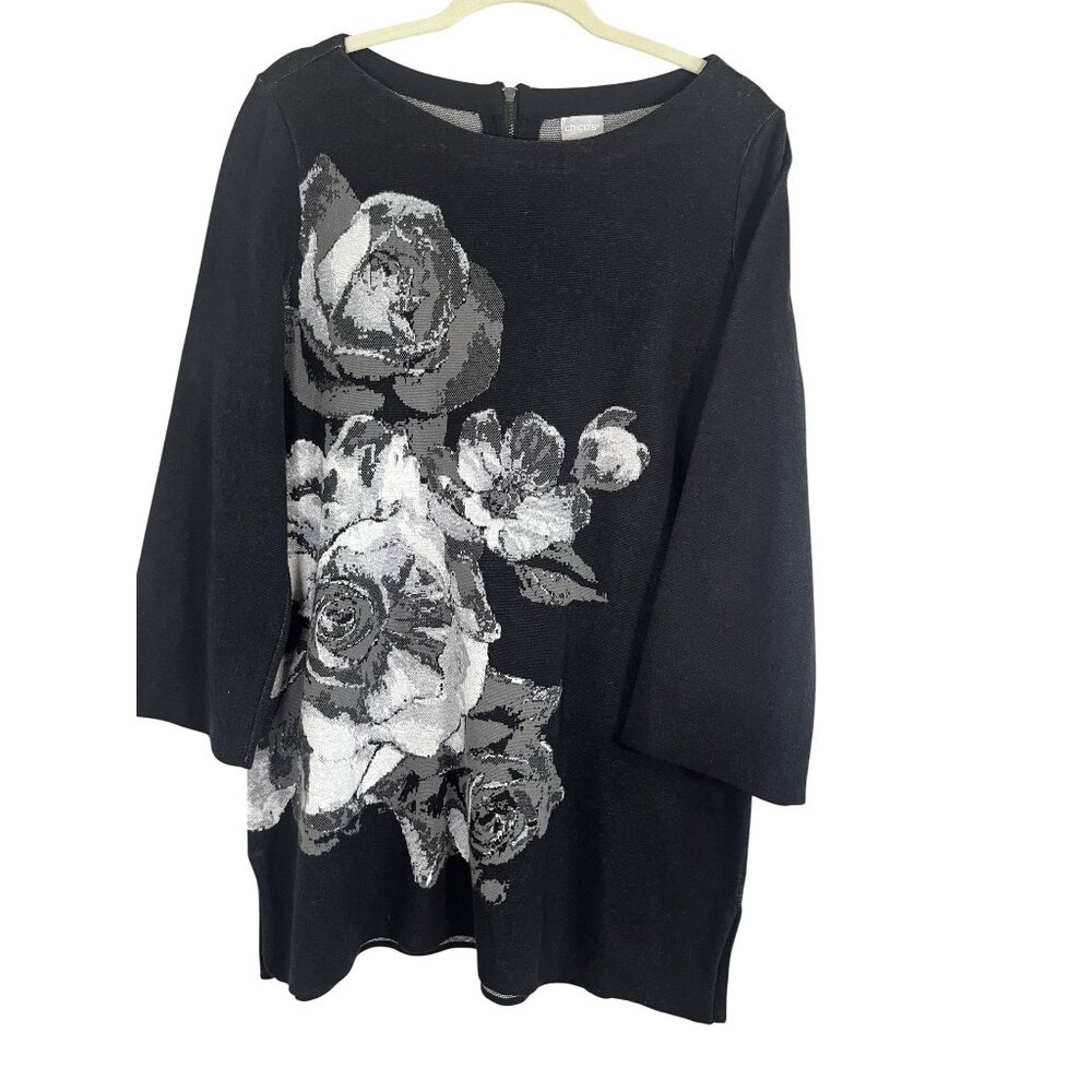 Chicos Floral Knit Sweater Tunic L Old Money Luxury Preppy Resort Neutral Chic